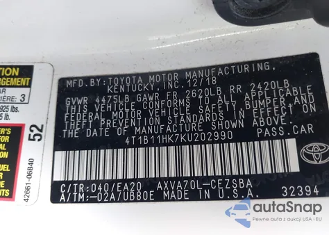 2019 Toyota Camry Se z USA, uszkodzony, nr VIN 4T1B11HK7KU202990